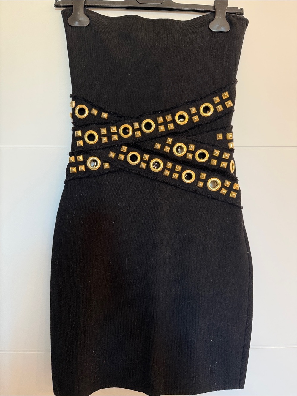 Strapless Black Bandage Dress with Gold Stud Detail